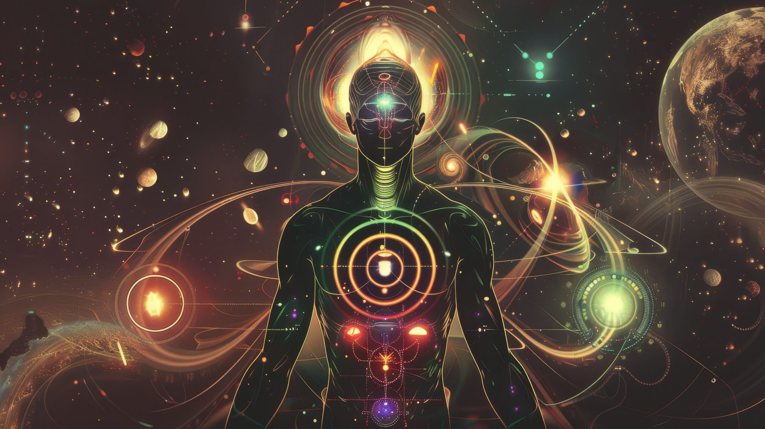 Spiritual enlightenment with chakras evolution in esoteric full sturry body, planets, and stars.